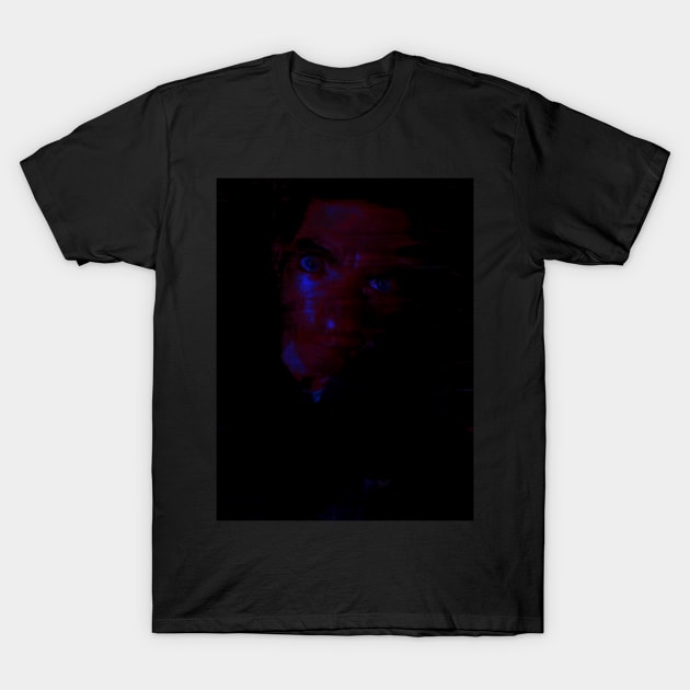 Portrait, digital collage and special processing. Man looking on us from darkness. Eyes. Red and blue. Darker eyes. T-Shirt by 234TeeUser234